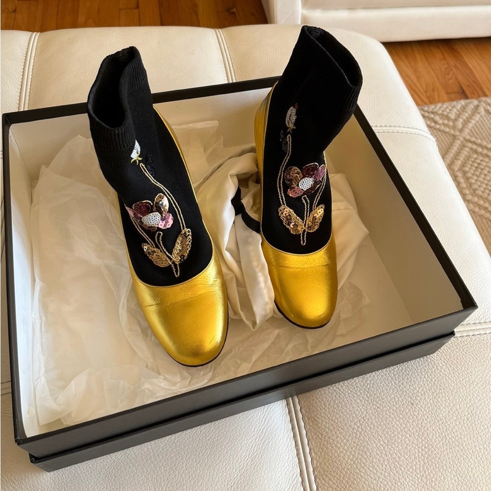 GUCCI Metallic Calfskin Embroidered Candy Sock Ankle Bootie Shoes 36.5